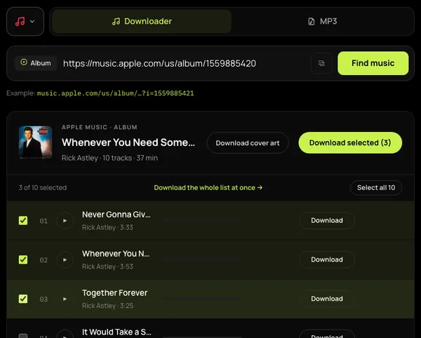 Apple Music album opened in SpotMP3, showing its track list and song selection controls.