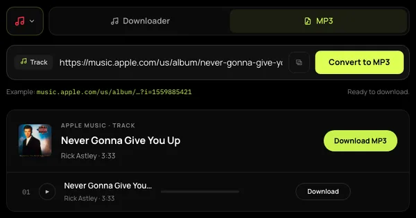 A public Apple Music song resolved in SpotMP3 with its title, duration, play control and Download MP3 button.