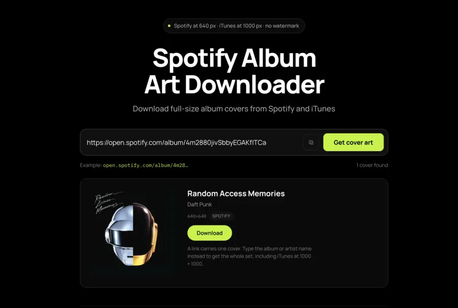 One album cover found from a Spotify link, shown at 640 by 640 with its source labelled and a Download button.