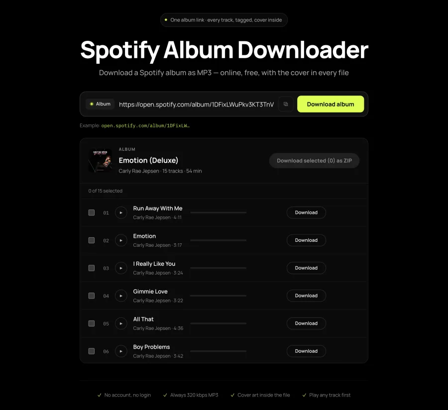 The Spotify album downloader with a link resolved into a track list: Emotion (Deluxe) by Carly Rae Jepsen, 15 tracks, showing the album cover, and a checkbox, play button and Download button on every row.