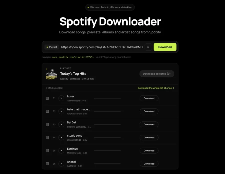 The Spotify downloader with a 50-track playlist opened as a list: every row carries a checkbox, a play button and its own Download button.