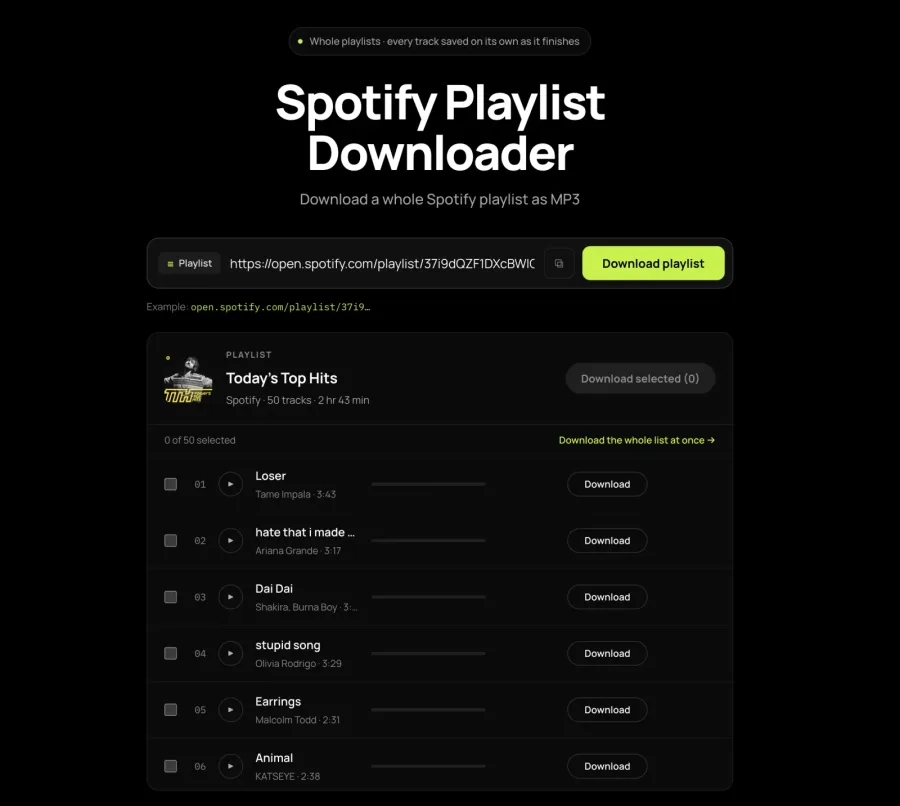 A Spotify playlist open with 0 of 50 selected, a link to download the whole list at once, and a checkbox and play button on every row.