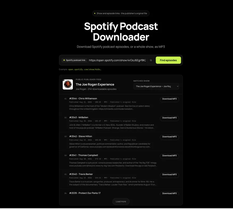 A matched public publisher feed with 2,741 downloadable episodes, each row showing its date, length, format and a Download MP3 button.