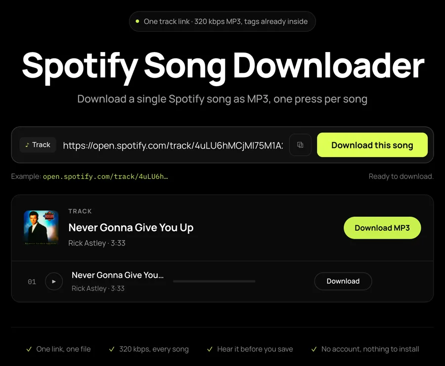 A pasted Spotify track link resolved into a single row — Never Gonna Give You Up by Rick Astley, 3:33 — with a Download MP3 button and a play button beside it.