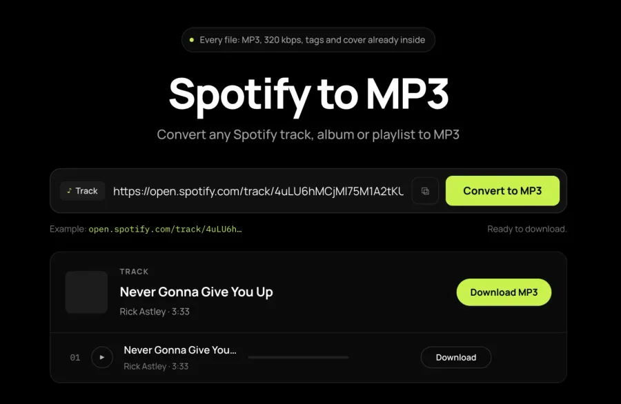 A single Spotify track link resolved to one row, with a play button and a Download MP3 button.