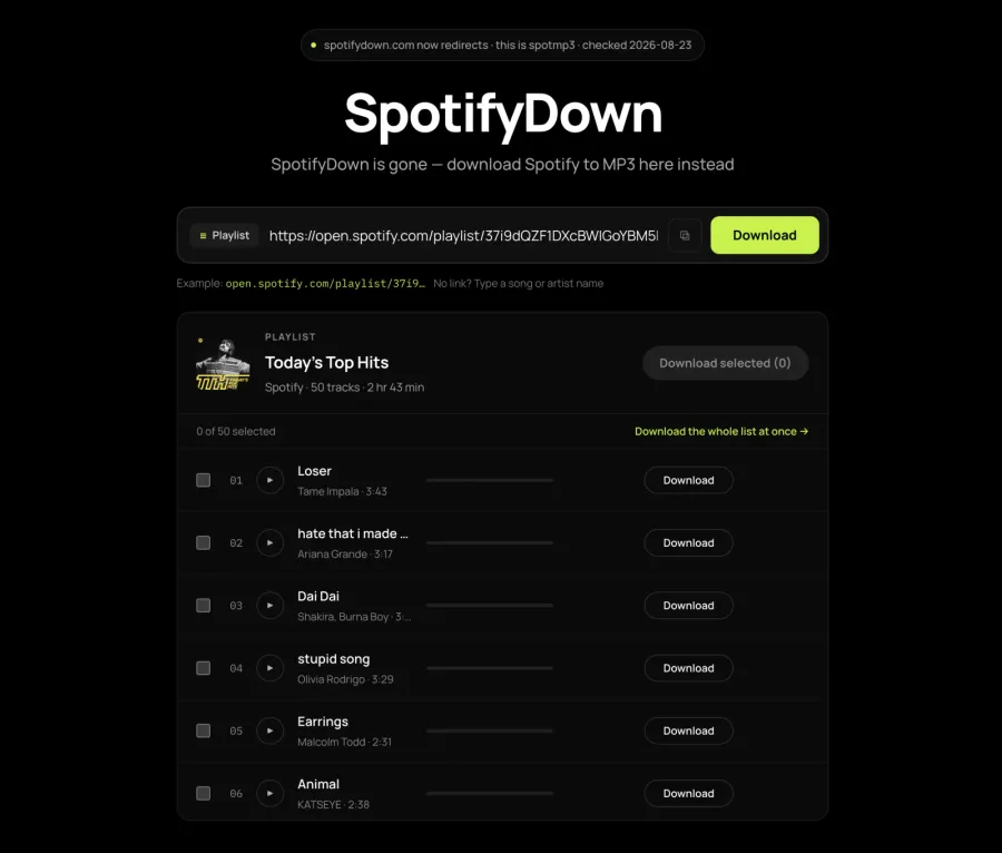 The SpotifyDown page on spotmp3: a note that spotifydown.com now redirects, above a pasted playlist opened as a track list.